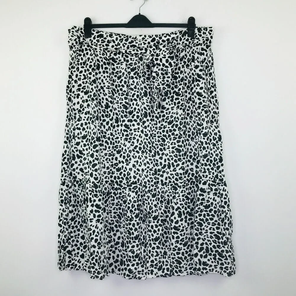 Gibson Women's 2X Skirt White Black Leopard Print Tie Waist Midi A-Line NWT CN11